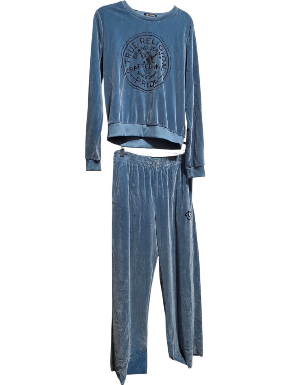 True Religion Blue Velour Lounge Set Wide Leg Pants & Logo Sweatshirt M Y2K